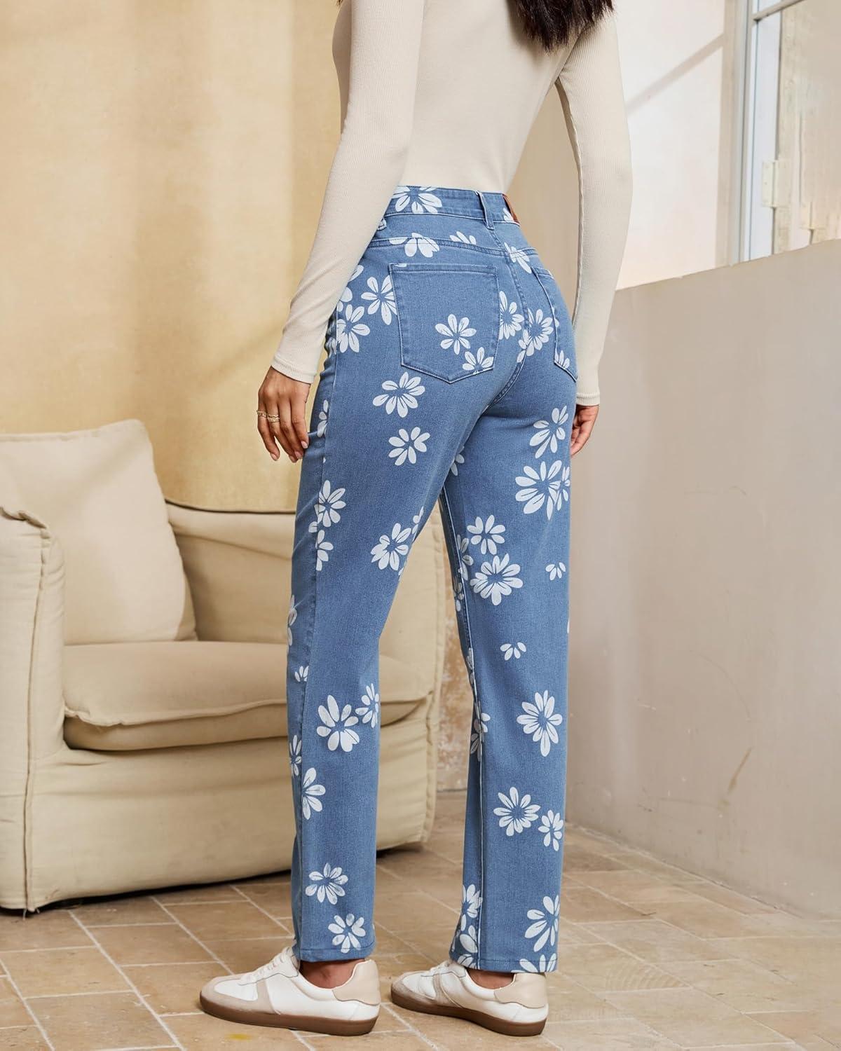 imageluvamia Straight Leg Jeans for Women Floral Printed High Waisted Trendy Cute Vintage Stretchy Denim Pants Boho JeansFloral Print 3  Medium Wash