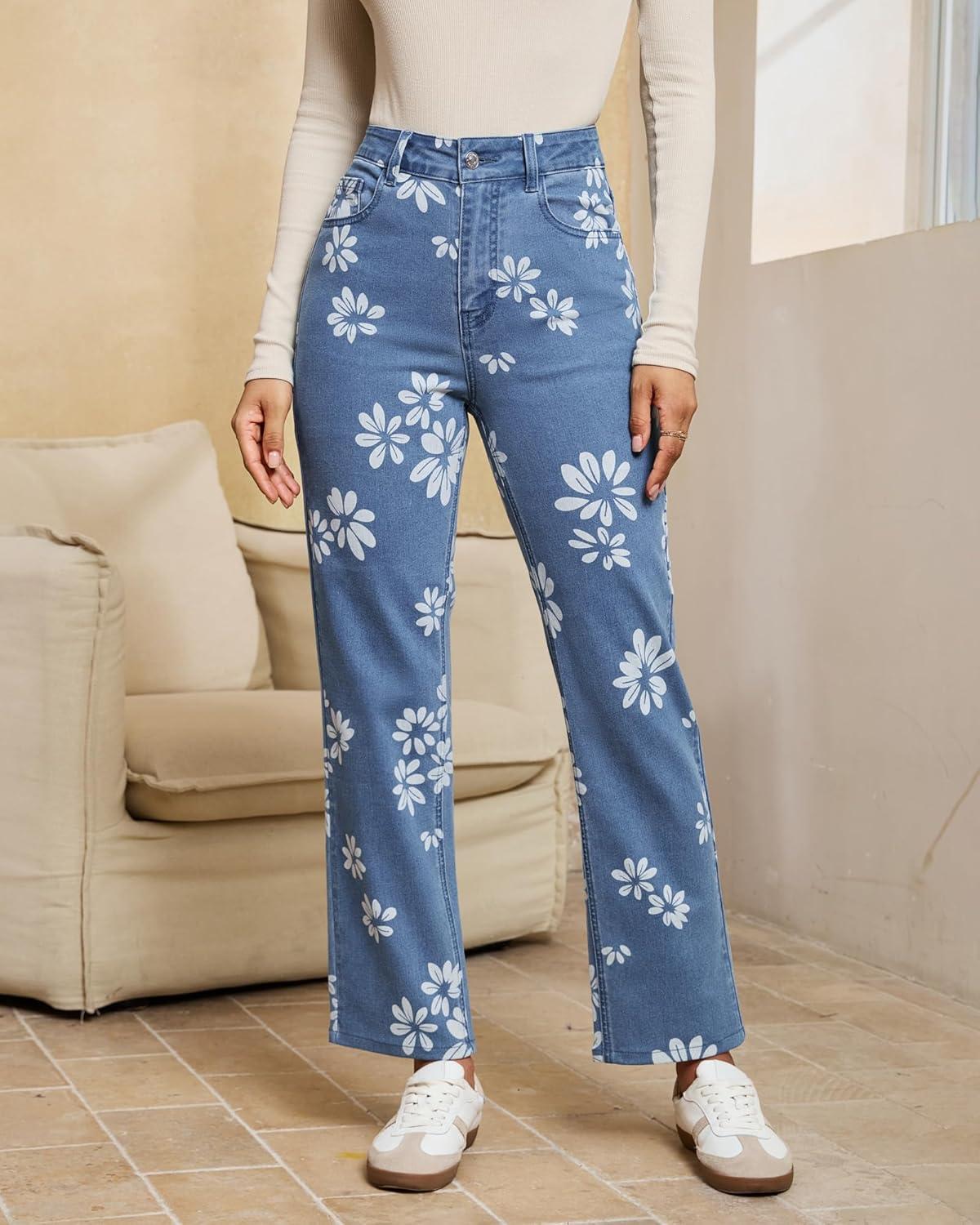 imageluvamia Straight Leg Jeans for Women Floral Printed High Waisted Trendy Cute Vintage Stretchy Denim Pants Boho JeansFloral Print 3  Medium Wash