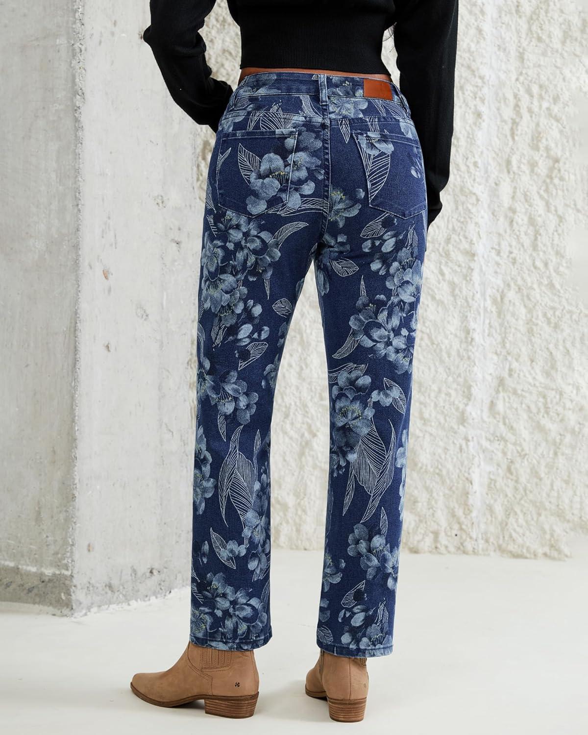 imageluvamia Straight Leg Jeans for Women Floral Printed High Waisted Trendy Cute Vintage Stretchy Denim Pants Boho JeansFloral Print 4  Dark Wash