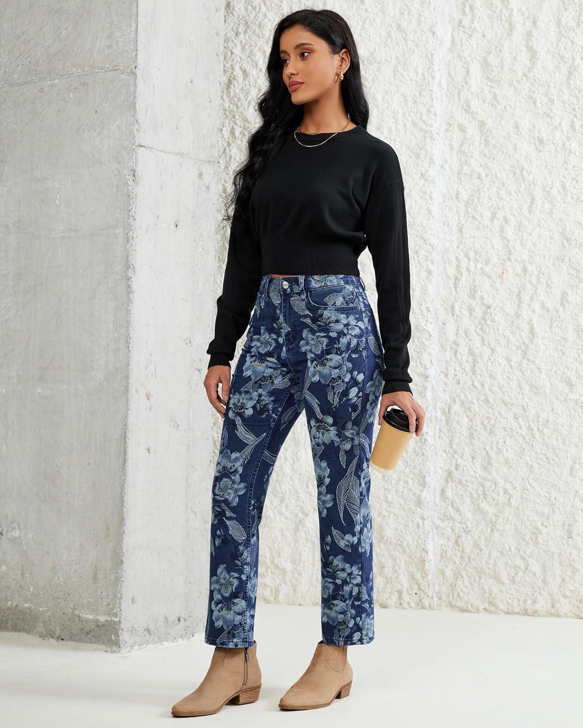 imageluvamia Straight Leg Jeans for Women Floral Printed High Waisted Trendy Cute Vintage Stretchy Denim Pants Boho JeansFloral Print 4  Dark Wash