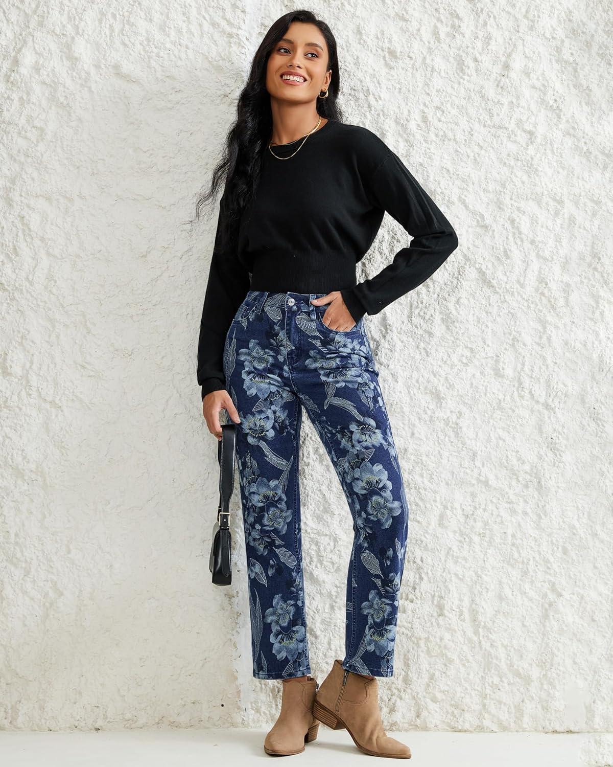 imageluvamia Straight Leg Jeans for Women Floral Printed High Waisted Trendy Cute Vintage Stretchy Denim Pants Boho JeansFloral Print 4  Dark Wash