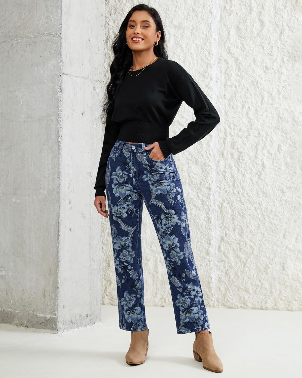 imageluvamia Straight Leg Jeans for Women Floral Printed High Waisted Trendy Cute Vintage Stretchy Denim Pants Boho JeansFloral Print 4  Dark Wash