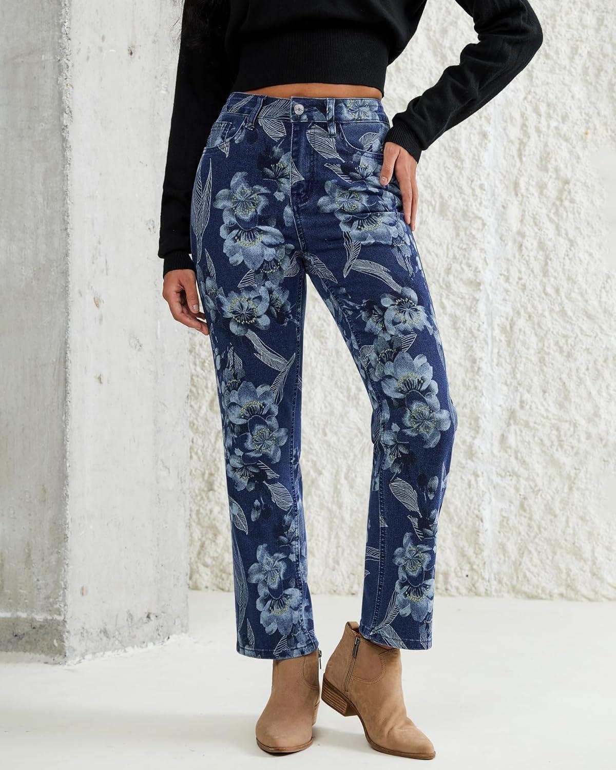 imageluvamia Straight Leg Jeans for Women Floral Printed High Waisted Trendy Cute Vintage Stretchy Denim Pants Boho JeansFloral Print 4  Dark Wash