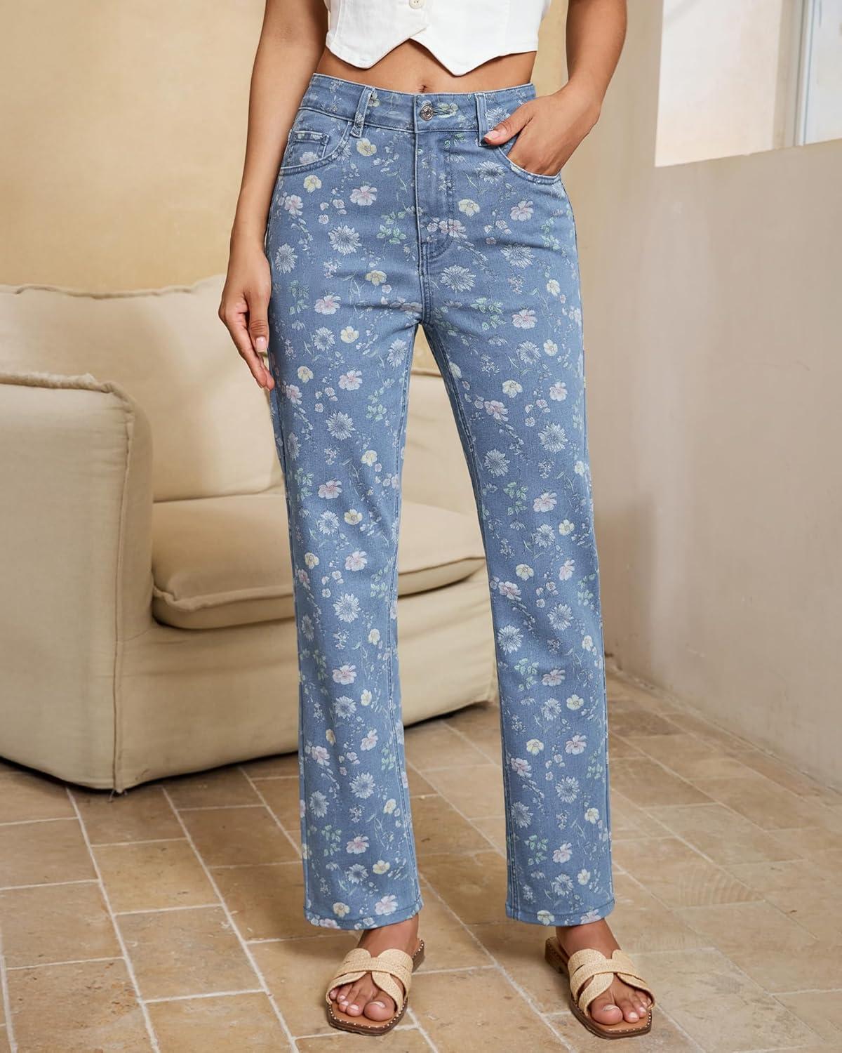 imageluvamia Straight Leg Jeans for Women Floral Printed High Waisted Trendy Cute Vintage Stretchy Denim Pants Boho JeansFloral Print 5  Medium Wash
