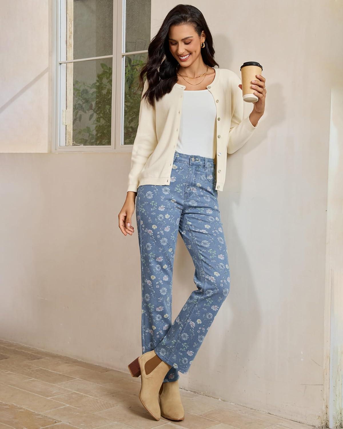 imageluvamia Straight Leg Jeans for Women Floral Printed High Waisted Trendy Cute Vintage Stretchy Denim Pants Boho JeansFloral Print 5  Medium Wash