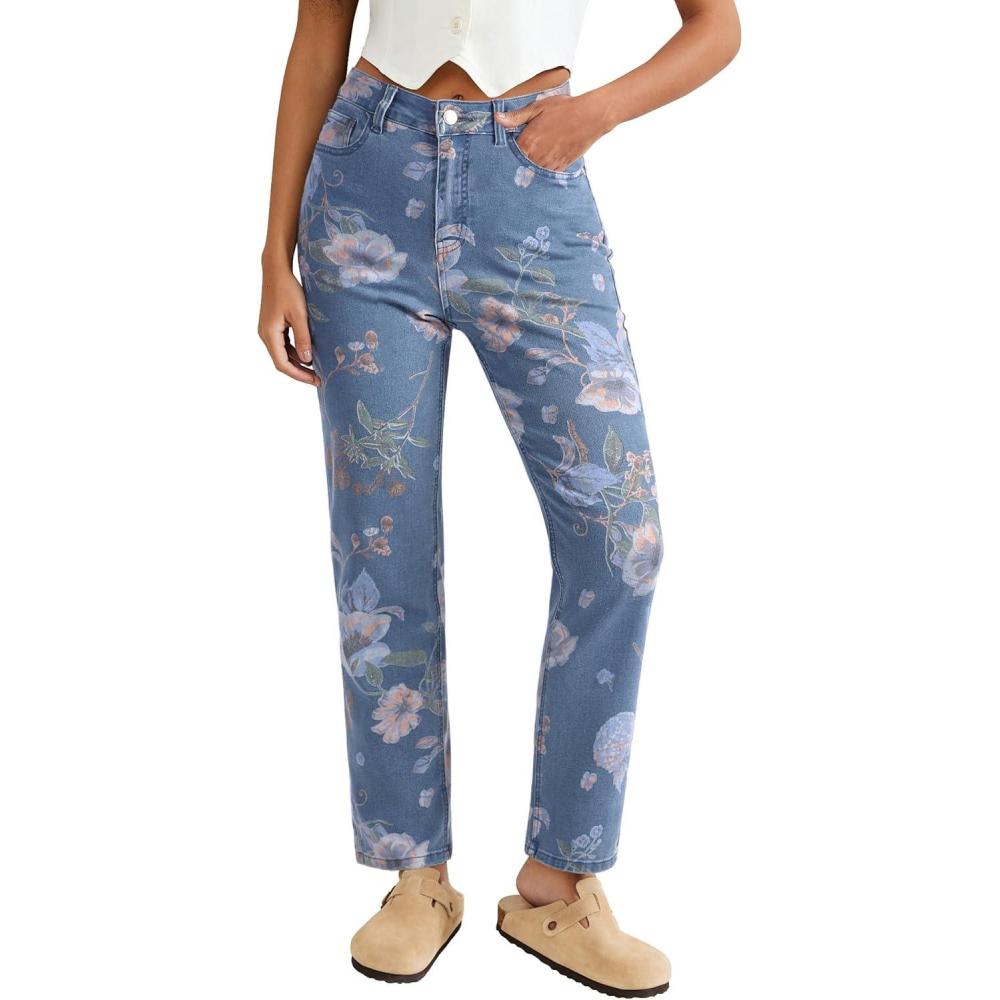 imageluvamia Straight Leg Jeans for Women Floral Printed High Waisted Trendy Cute Vintage Stretchy Denim Pants Boho JeansFloral Print 1  Medium Wash