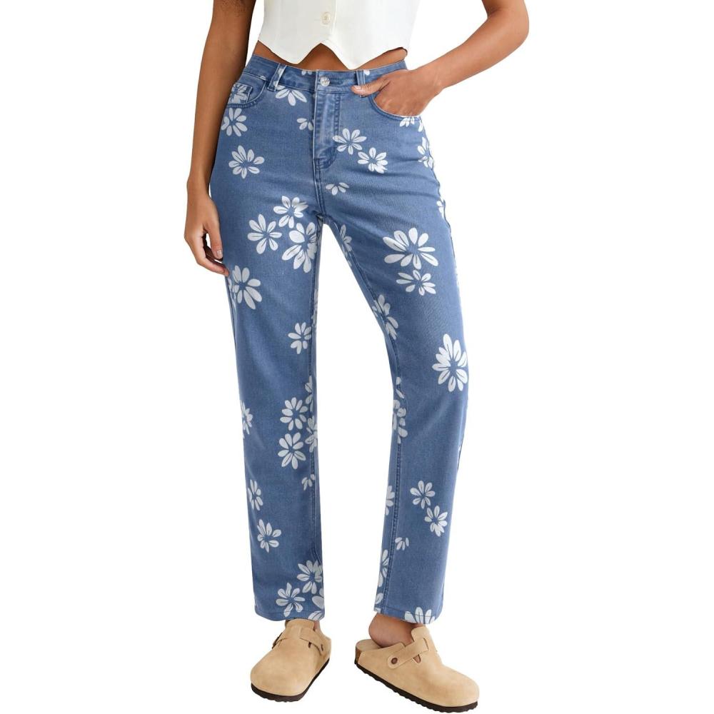 imageluvamia Straight Leg Jeans for Women Floral Printed High Waisted Trendy Cute Vintage Stretchy Denim Pants Boho JeansFloral Print 3  Medium Wash