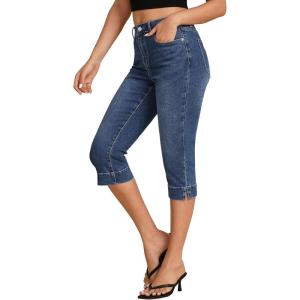 imageluvamia Capri Jeans for Women Trendy High Waisted Slim Split Hem Stretch Denim Jean Capris Cropped Pants Casual SummerDark Atlantic Blue