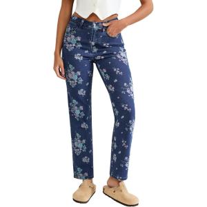 imageluvamia Straight Leg Jeans for Women Floral Printed High Waisted Trendy Cute Vintage Stretchy Denim Pants Boho JeansFloral Print 2  Dark Wash