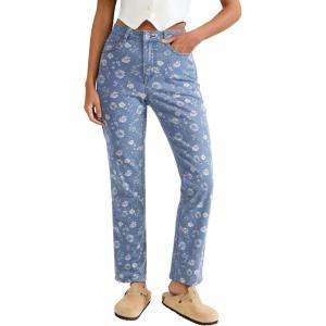 imageluvamia Straight Leg Jeans for Women Floral Printed High Waisted Trendy Cute Vintage Stretchy Denim Pants Boho JeansFloral Print 5  Medium Wash