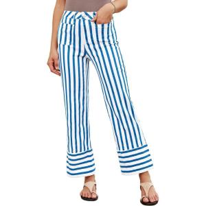 imageluvamia Striped Jeans for Women Wide Leg High Waisted Trendy Patch Pockets Stretchy Denim Pants Casual Trouser JeansBlue