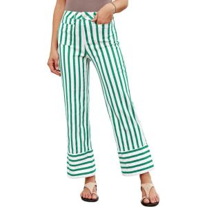 imageluvamia Striped Jeans for Women Wide Leg High Waisted Trendy Patch Pockets Stretchy Denim Pants Casual Trouser JeansGreen