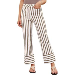 imageluvamia Striped Jeans for Women Wide Leg High Waisted Trendy Patch Pockets Stretchy Denim Pants Casual Trouser JeansKhaki