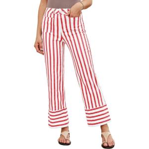 imageluvamia Striped Jeans for Women Wide Leg High Waisted Trendy Patch Pockets Stretchy Denim Pants Casual Trouser JeansRed