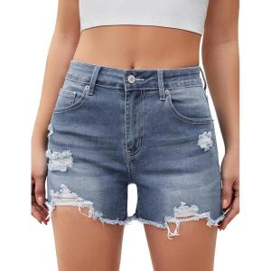 imageluvamia Jean Shorts for Women High Waisted Trendy Summer Casual Ripped Cutoff Stretchy Distressed Denim Shorts JortsAged Blue
