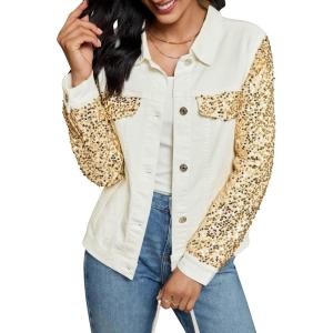 imageluvamia Sequin Jackets Women Jean Long Sleeves Trendy Sparkly Night Out Party Concert Stretchy Denim Jacket with PocketsCream White  Gold