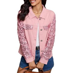 imageluvamia Sequin Jackets Women Jean Long Sleeves Trendy Sparkly Night Out Party Concert Stretchy Denim Jacket with PocketsPink