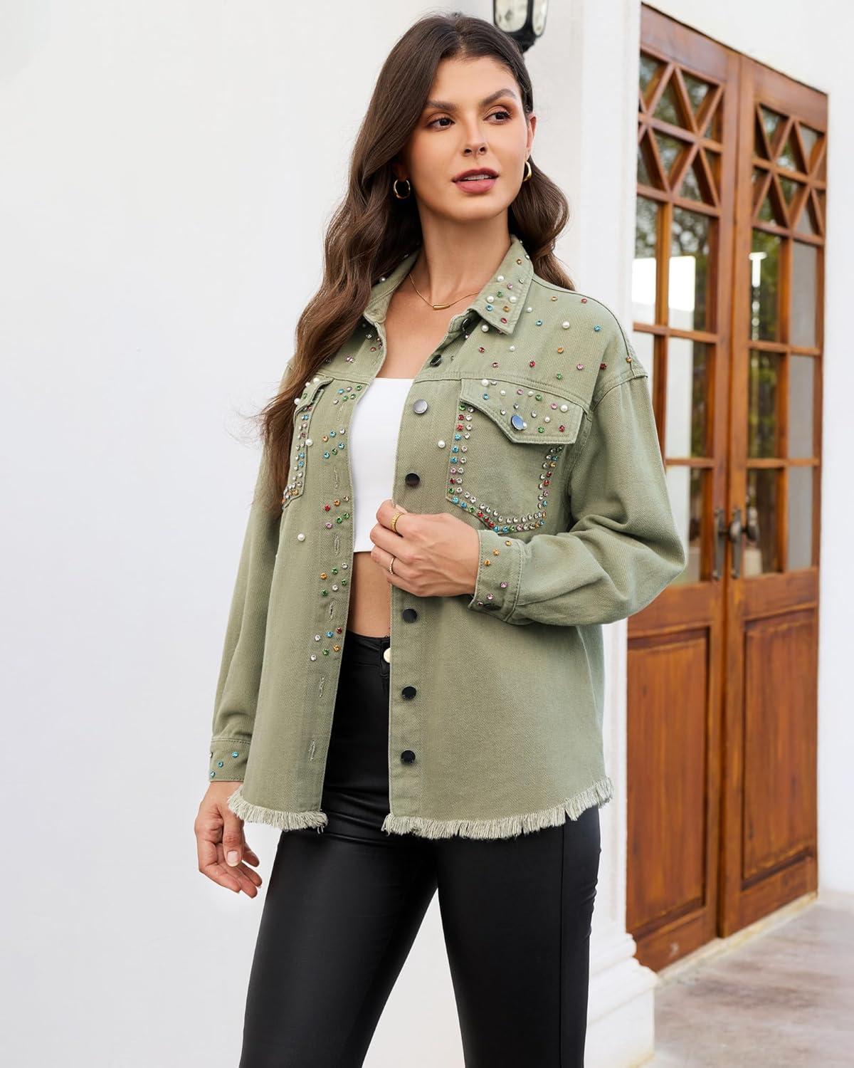 imageluvamia Jean Jacket Women Trendy Rhinestones Pearls Embellished Sparkly Frayed Hem Oversized Denim Jackets with PocketsArmy Green