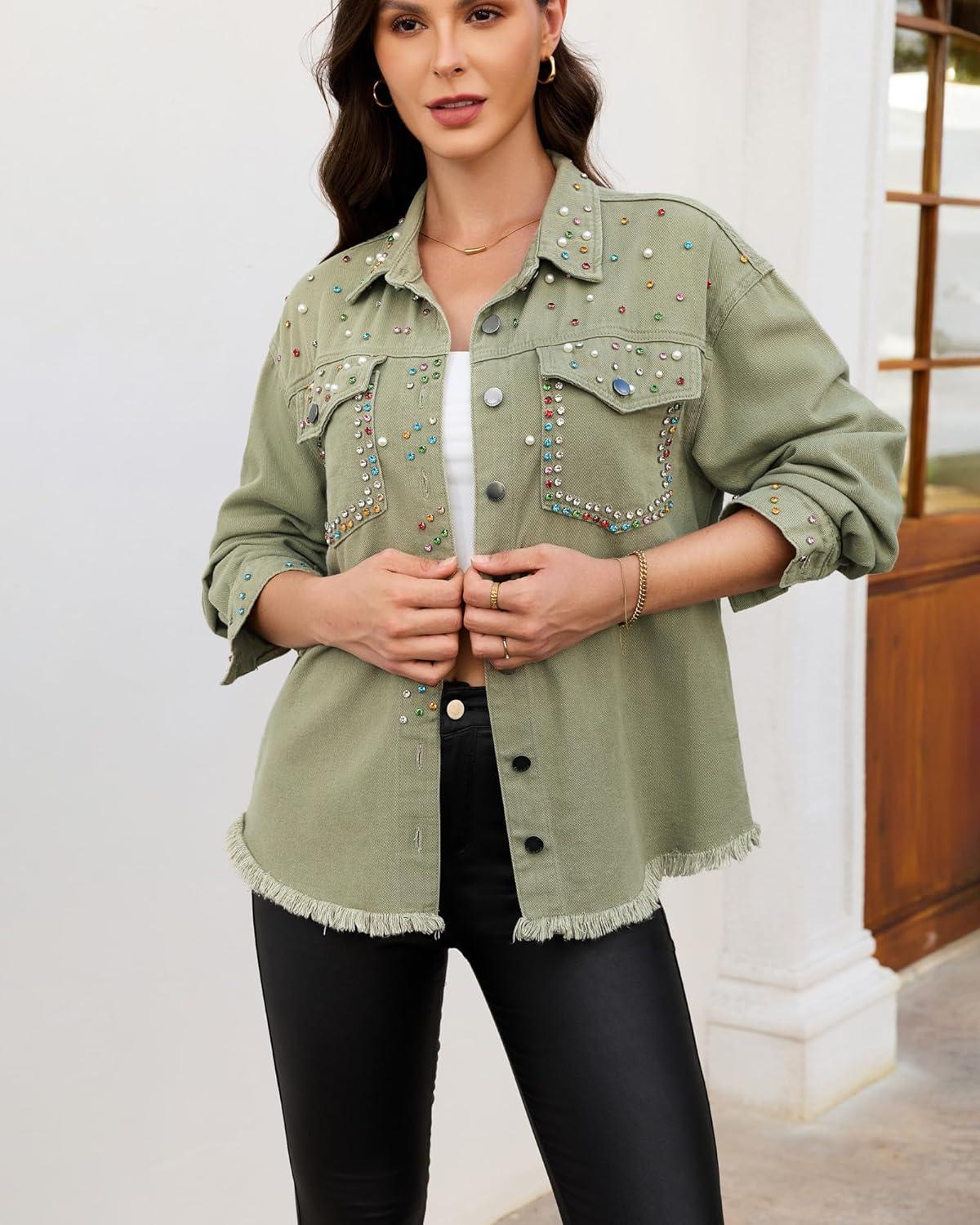 imageluvamia Jean Jacket Women Trendy Rhinestones Pearls Embellished Sparkly Frayed Hem Oversized Denim Jackets with PocketsArmy Green