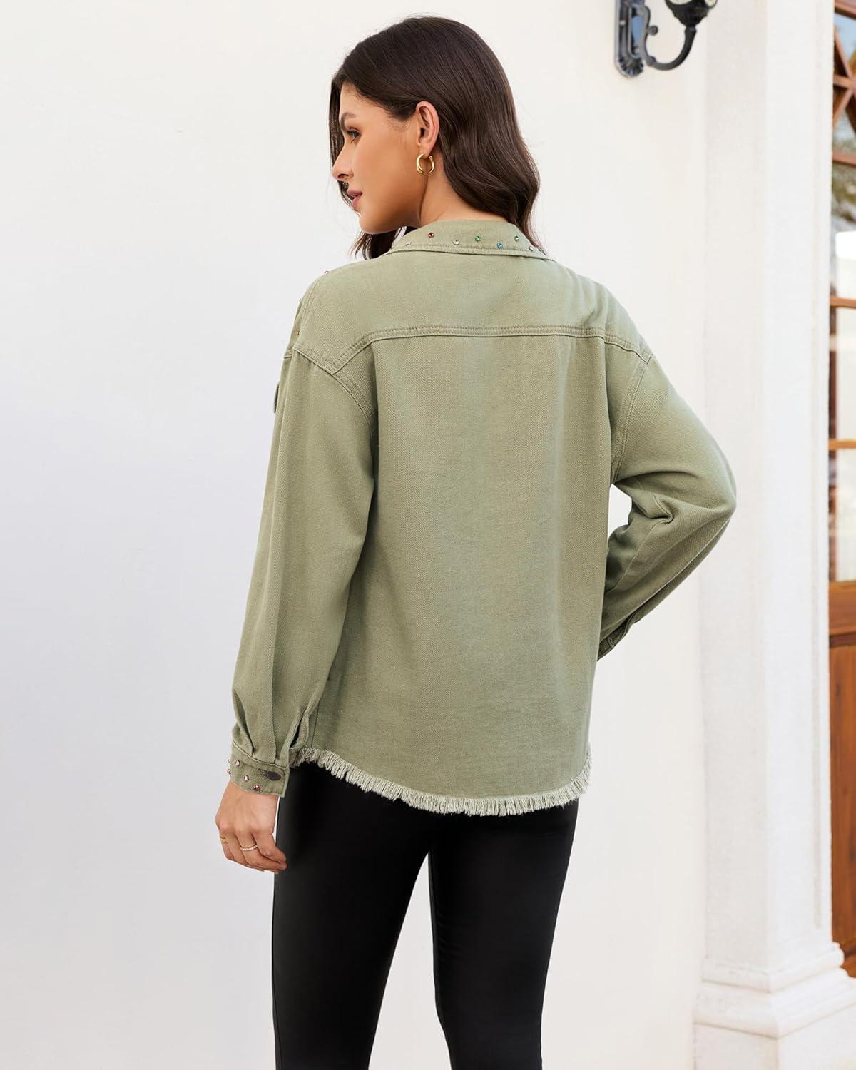 imageluvamia Jean Jacket Women Trendy Rhinestones Pearls Embellished Sparkly Frayed Hem Oversized Denim Jackets with PocketsArmy Green