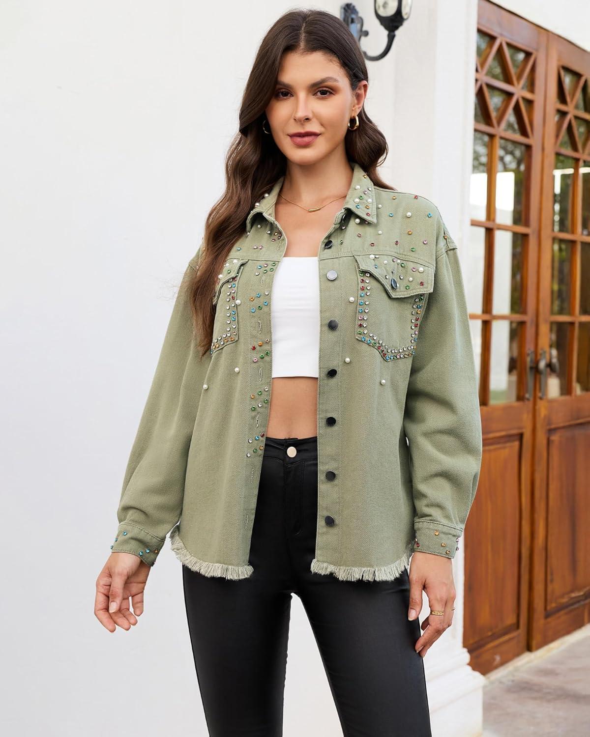 imageluvamia Jean Jacket Women Trendy Rhinestones Pearls Embellished Sparkly Frayed Hem Oversized Denim Jackets with PocketsArmy Green