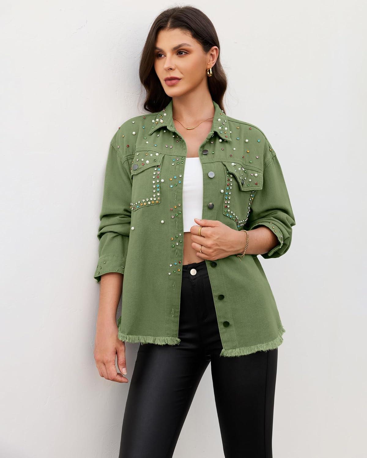 imageluvamia Jean Jacket Women Trendy Rhinestones Pearls Embellished Sparkly Frayed Hem Oversized Denim Jackets with PocketsElm Green