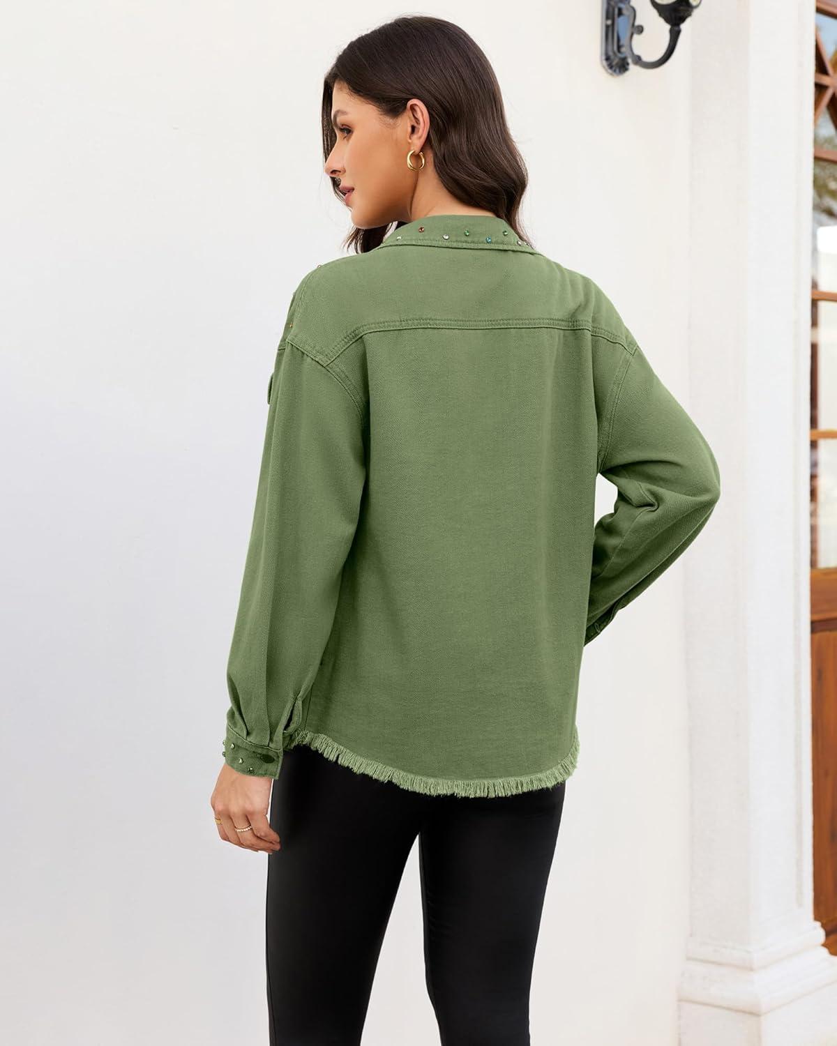 imageluvamia Jean Jacket Women Trendy Rhinestones Pearls Embellished Sparkly Frayed Hem Oversized Denim Jackets with PocketsElm Green