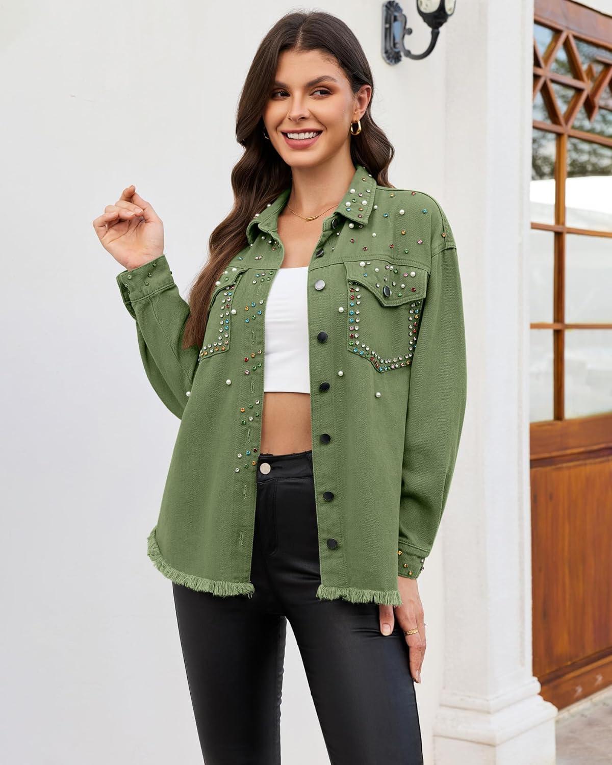 imageluvamia Jean Jacket Women Trendy Rhinestones Pearls Embellished Sparkly Frayed Hem Oversized Denim Jackets with PocketsElm Green