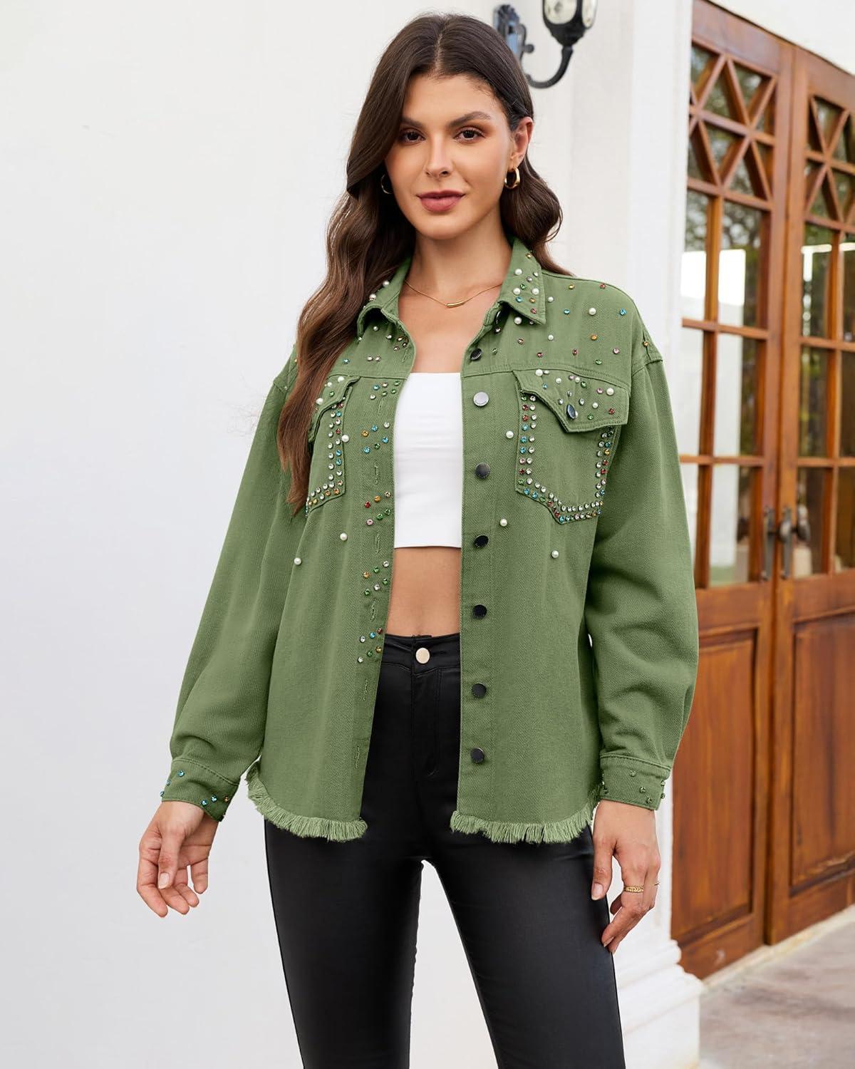 imageluvamia Jean Jacket Women Trendy Rhinestones Pearls Embellished Sparkly Frayed Hem Oversized Denim Jackets with PocketsElm Green