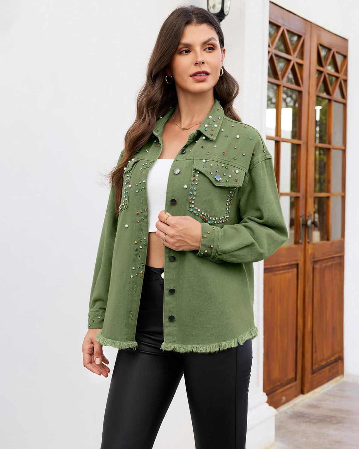 imageluvamia Jean Jacket Women Trendy Rhinestones Pearls Embellished Sparkly Frayed Hem Oversized Denim Jackets with PocketsElm Green