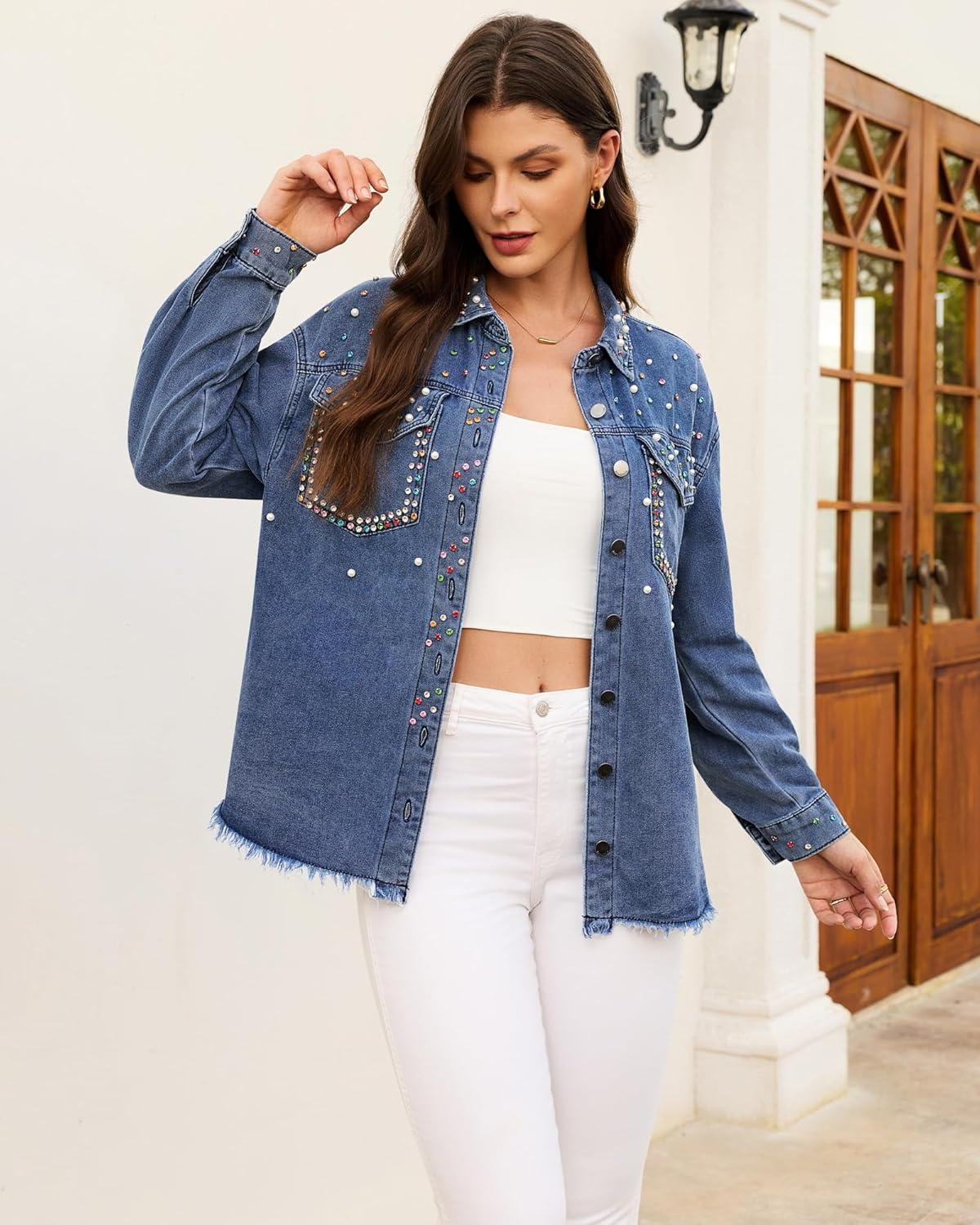 imageluvamia Jean Jacket Women Trendy Rhinestones Pearls Embellished Sparkly Frayed Hem Oversized Denim Jackets with PocketsThousand Oceans Blue