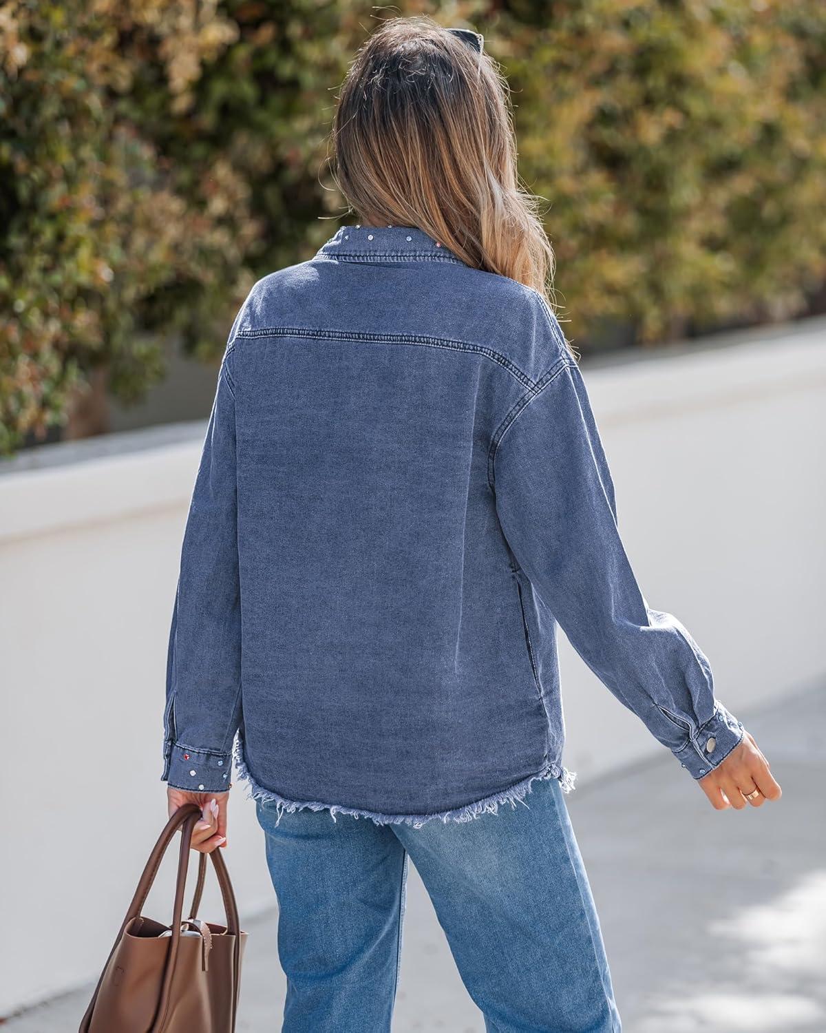 imageluvamia Jean Jacket Women Trendy Rhinestones Pearls Embellished Sparkly Frayed Hem Oversized Denim Jackets with PocketsThousand Oceans Blue