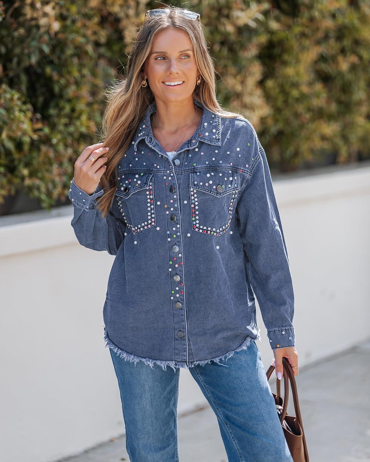 imageluvamia Jean Jacket Women Trendy Rhinestones Pearls Embellished Sparkly Frayed Hem Oversized Denim Jackets with PocketsThousand Oceans Blue