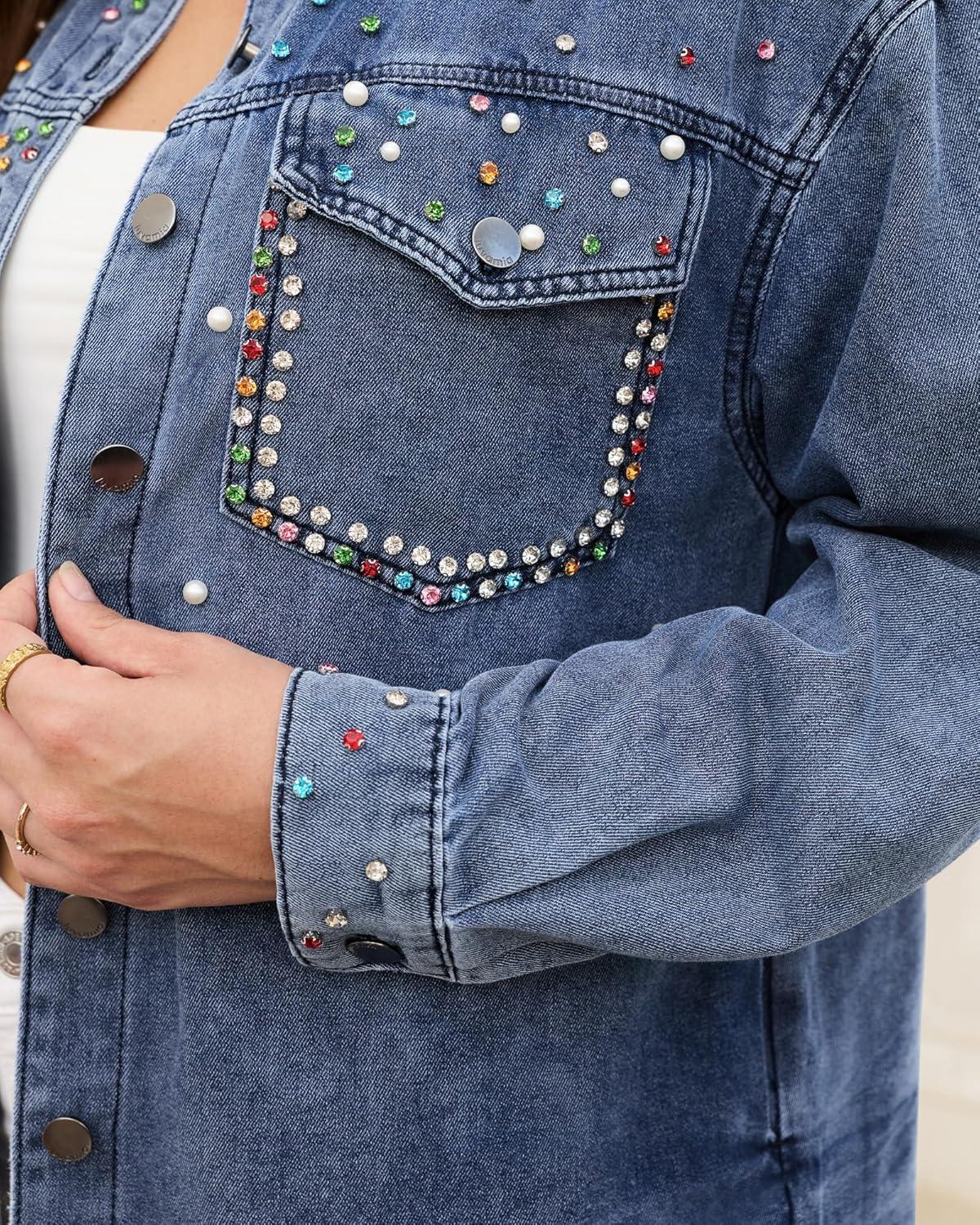 imageluvamia Jean Jacket Women Trendy Rhinestones Pearls Embellished Sparkly Frayed Hem Oversized Denim Jackets with PocketsThousand Oceans Blue