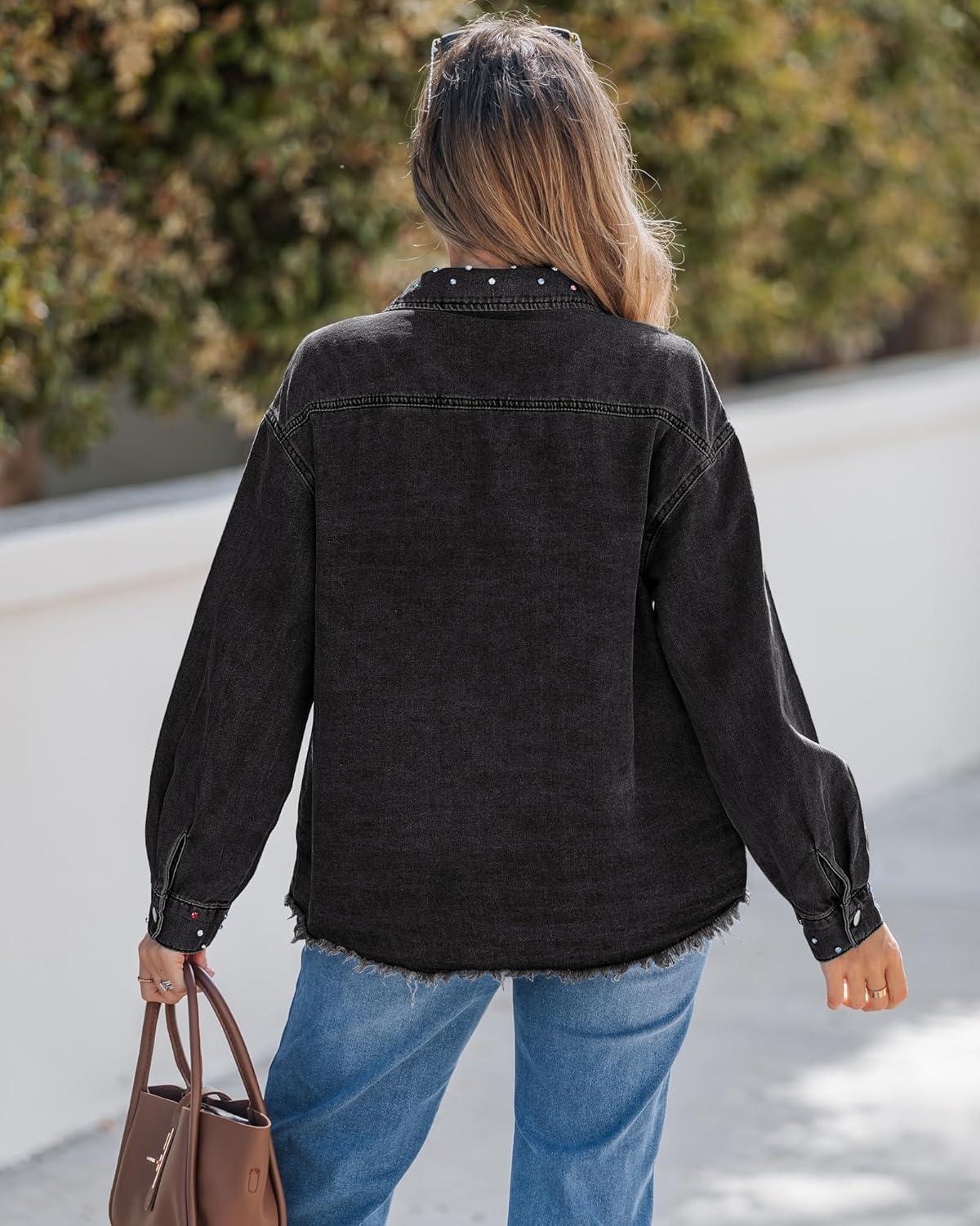 imageluvamia Jean Jacket Women Trendy Rhinestones Pearls Embellished Sparkly Frayed Hem Oversized Denim Jackets with PocketsWashed Black