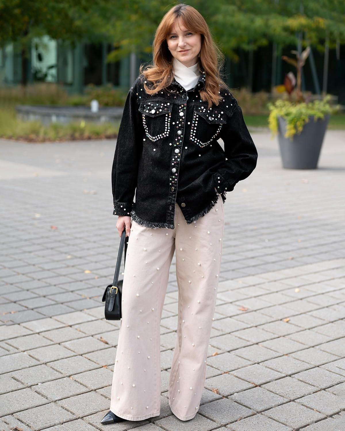 imageluvamia Jean Jacket Women Trendy Rhinestones Pearls Embellished Sparkly Frayed Hem Oversized Denim Jackets with PocketsWashed Black