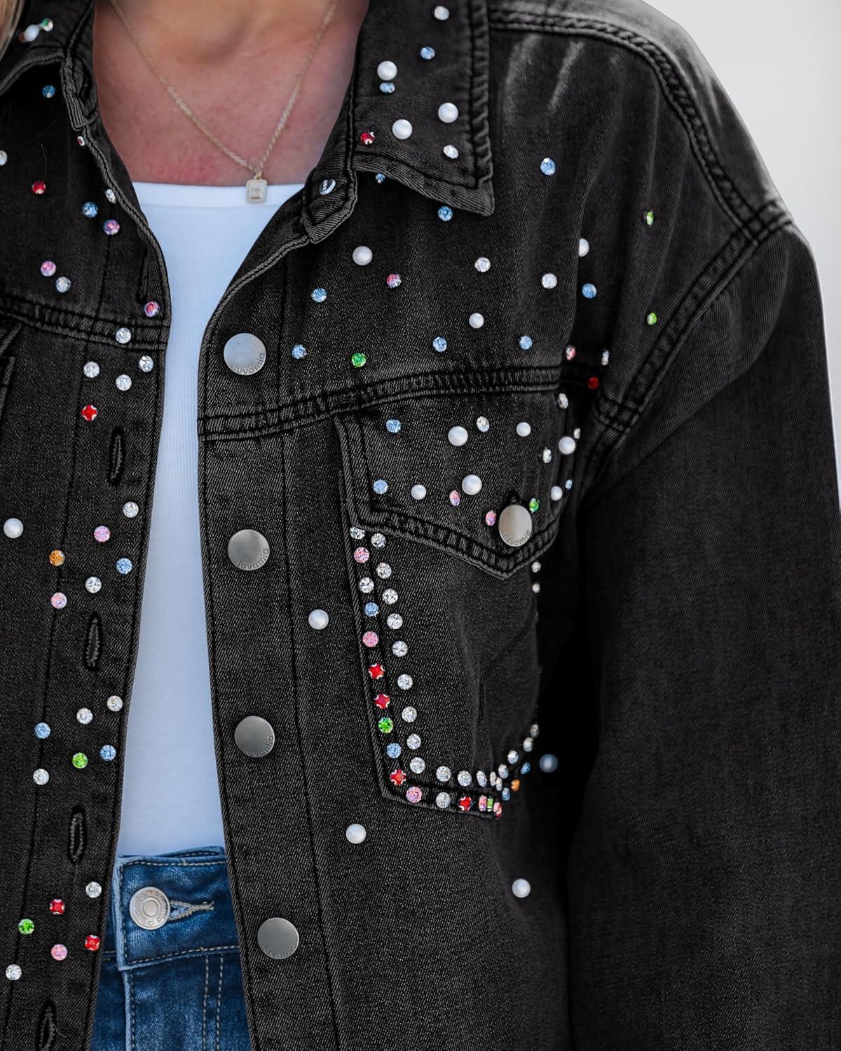 imageluvamia Jean Jacket Women Trendy Rhinestones Pearls Embellished Sparkly Frayed Hem Oversized Denim Jackets with PocketsWashed Black