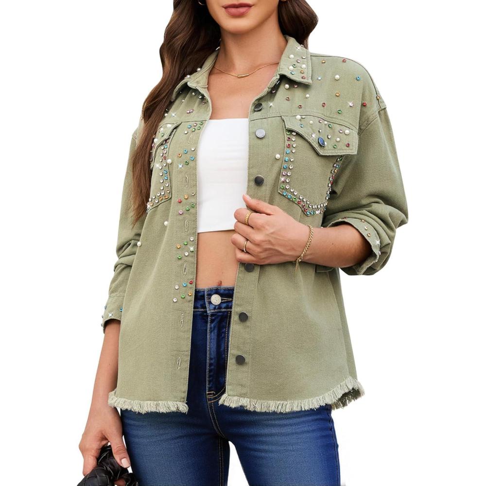 imageluvamia Jean Jacket Women Trendy Rhinestones Pearls Embellished Sparkly Frayed Hem Oversized Denim Jackets with PocketsArmy Green