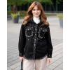 imageluvamia Jean Jacket Women Trendy Rhinestones Pearls Embellished Sparkly Frayed Hem Oversized Denim Jackets with PocketsWashed Black