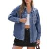 imageluvamia Jean Jacket Women Trendy Rhinestones Pearls Embellished Sparkly Frayed Hem Oversized Denim Jackets with PocketsThousand Oceans Blue