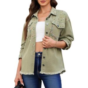 imageluvamia Jean Jacket Women Trendy Rhinestones Pearls Embellished Sparkly Frayed Hem Oversized Denim Jackets with PocketsArmy Green