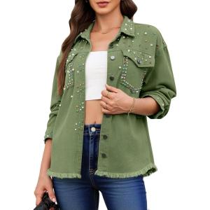 imageluvamia Jean Jacket Women Trendy Rhinestones Pearls Embellished Sparkly Frayed Hem Oversized Denim Jackets with PocketsElm Green