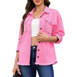 imageluvamia Jean Jacket Women Trendy Rhinestones Pearls Embellished Sparkly Frayed Hem Oversized Denim Jackets with PocketsLilac Rose