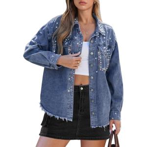 imageluvamia Jean Jacket Women Trendy Rhinestones Pearls Embellished Sparkly Frayed Hem Oversized Denim Jackets with PocketsThousand Oceans Blue