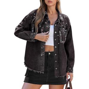 imageluvamia Jean Jacket Women Trendy Rhinestones Pearls Embellished Sparkly Frayed Hem Oversized Denim Jackets with PocketsWashed Black