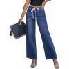 imageluvamia Wide Leg Jeans Woman High Waisted Trendy Drawstring Stretchy Denim Pants Relaxed Fit Trouser JeansClassic Blue