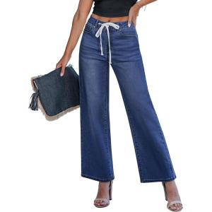 imageluvamia Wide Leg Jeans Woman High Waisted Trendy Drawstring Stretchy Denim Pants Relaxed Fit Trouser JeansClassic Blue