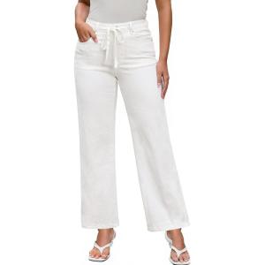 imageluvamia Wide Leg Jeans Woman High Waisted Trendy Drawstring Stretchy Denim Pants Relaxed Fit Trouser JeansCream White