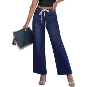 imageluvamia Wide Leg Jeans Woman High Waisted Trendy Drawstring Stretchy Denim Pants Relaxed Fit Trouser JeansDarkness Blue