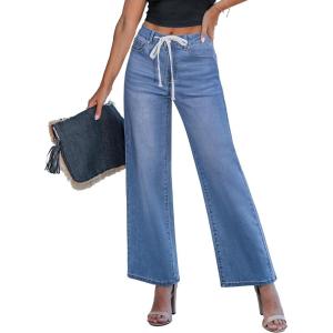 imageluvamia Wide Leg Jeans Woman High Waisted Trendy Drawstring Stretchy Denim Pants Relaxed Fit Trouser JeansMedium Blue